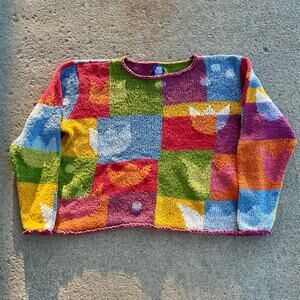 RARE Vintage Amano Sweater Colorful Chunky Knit Floral Block Pattern M L EUC